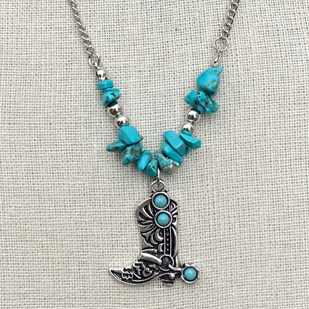 Cowgirl Boot Necklace With Faux Turquoise Chips